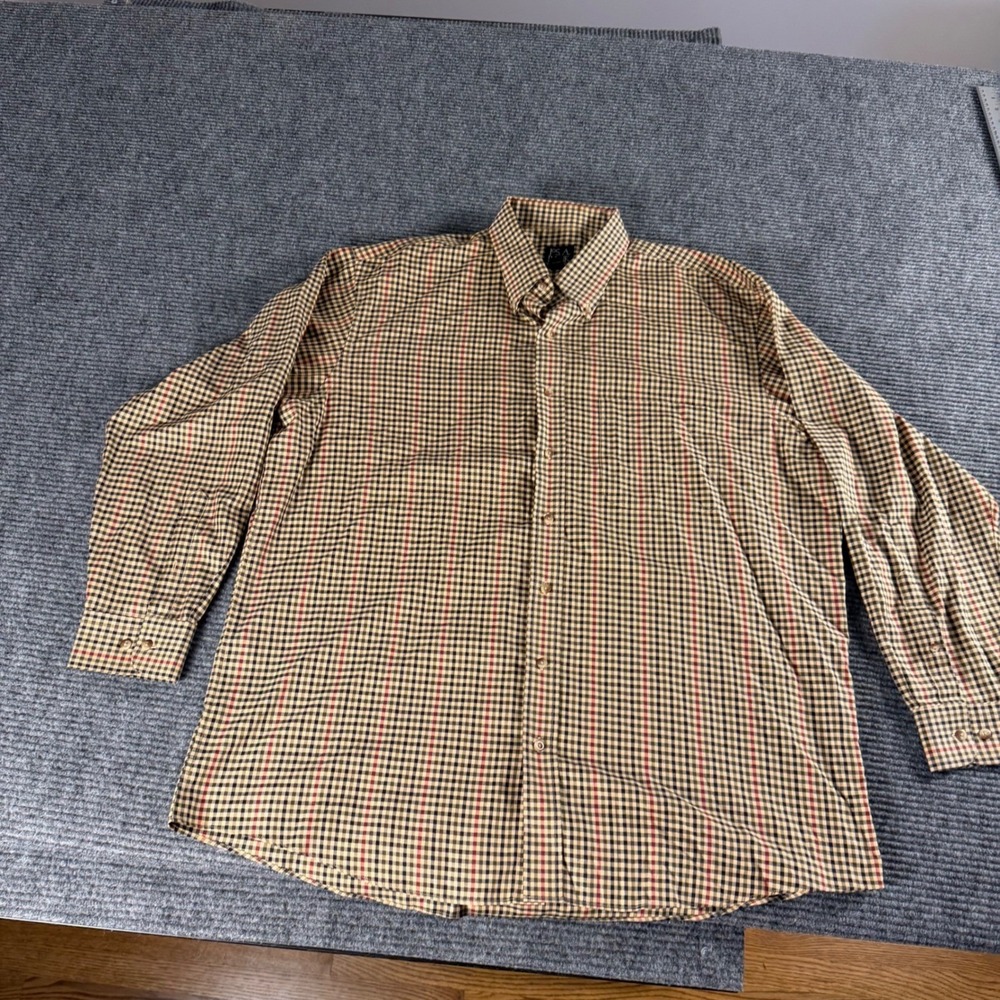 Jos. A. Bank Mens Tattersall Check Button Down Shirt Tan Black Red Long Sleeve